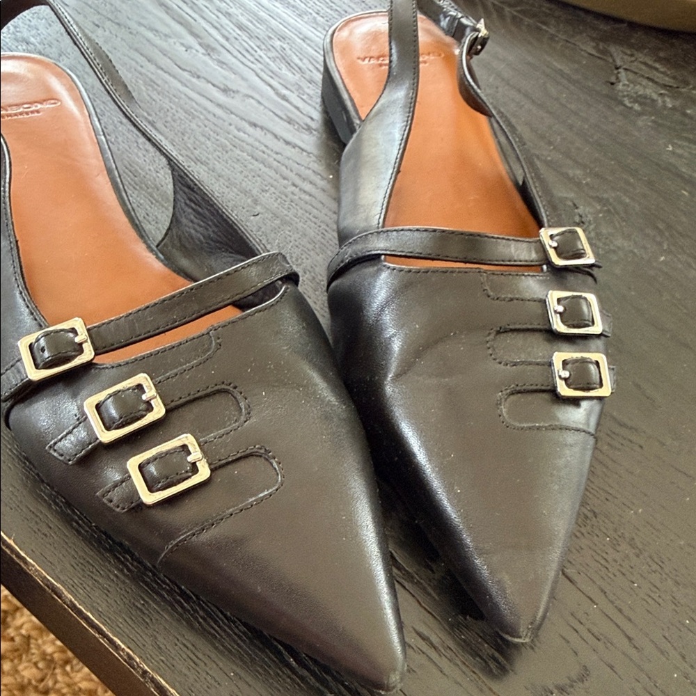 Vagabond Black Pointed Slingback Mules with Triple Buckles